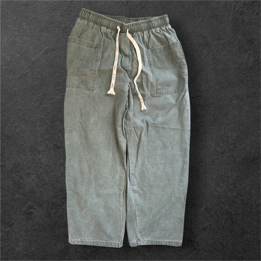 Kidiriman Mens L Cropped Relaxed Pants Sage Green Herringbone Elastic Waist